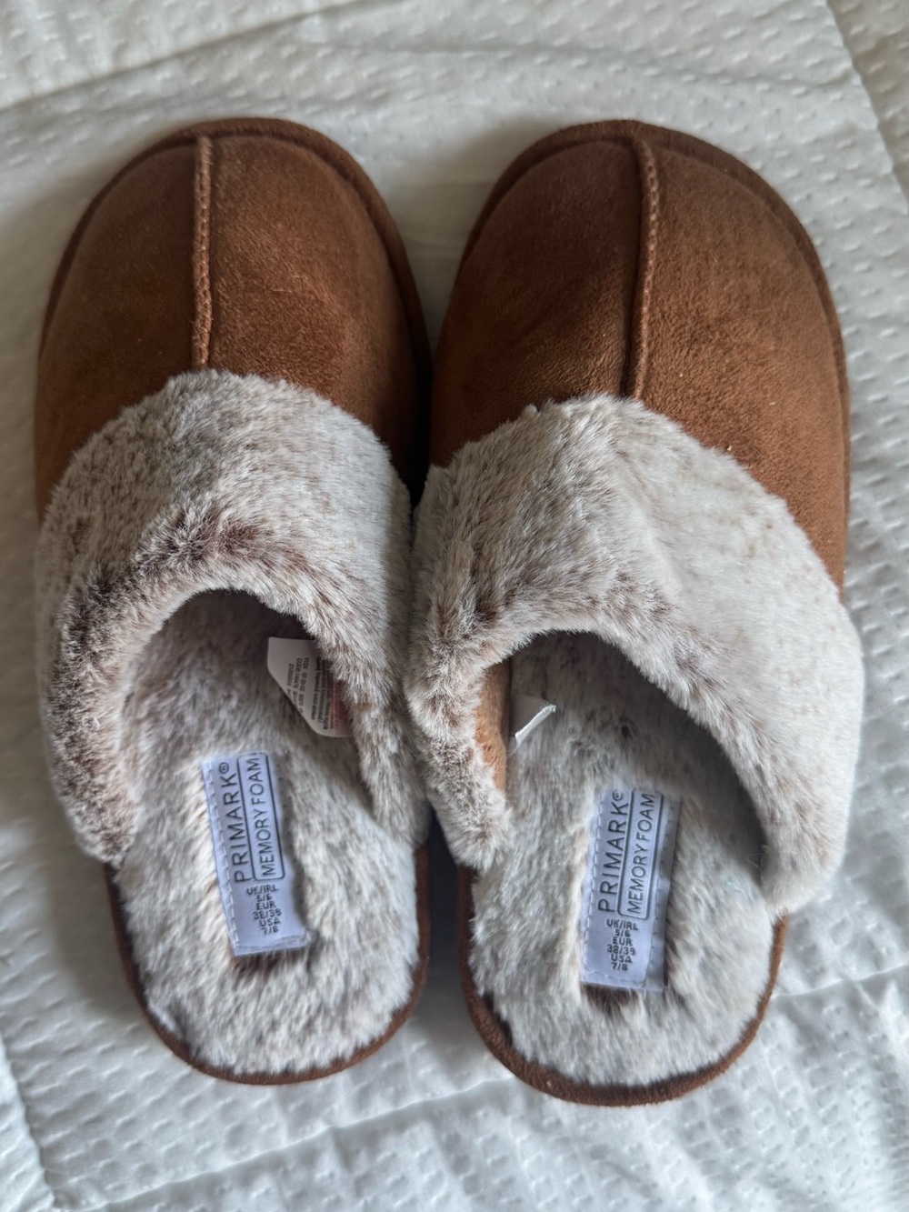 Primark womens Brown Faux-Suede Slippers with Cream Plush Cuff - Size 7/8